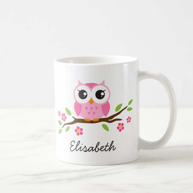 Eule auf Zweig mit rosa Blume personalisierter Nam Kaffeetasse (Rechts)