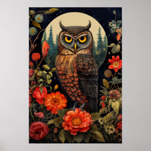 Eule bei Nacht mit Vollmond Poster