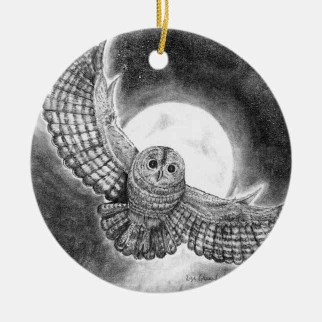 Eule fliegt in einer Mondnacht Keramik Ornament (Vorne)