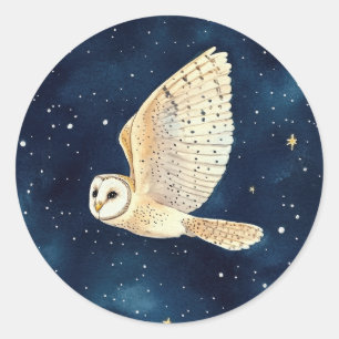 Eule Flying in Starry Night Watercolor Weihnachten Runder Aufkleber