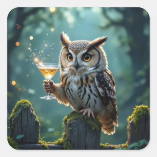Eule hält Cocktail in einem mystischen Wald Quadratischer Aufkleber