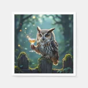 Eule hält Cocktail in einem mystischen Wald Serviette