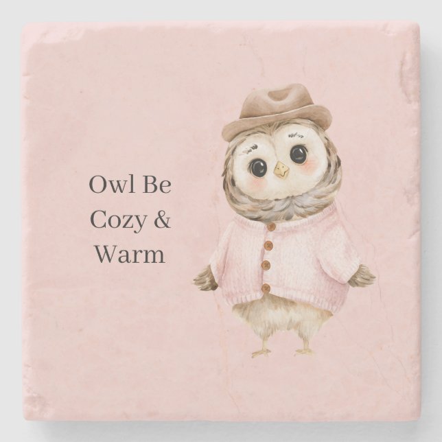 Eule Hut Rosa Pullover Gemütlich & Warm Steinuntersetzer (Vorderseite)