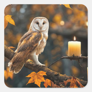 Eule im Herbstlaub und Kerze Mystisch Quadratischer Aufkleber
