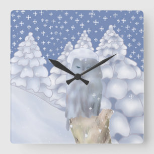 Eule im Schnee Quadratische Wanduhr