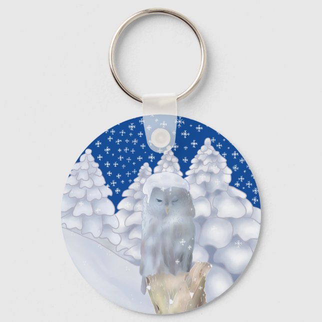 Eule im Schnee Schlüsselanhänger (Vorderseite)