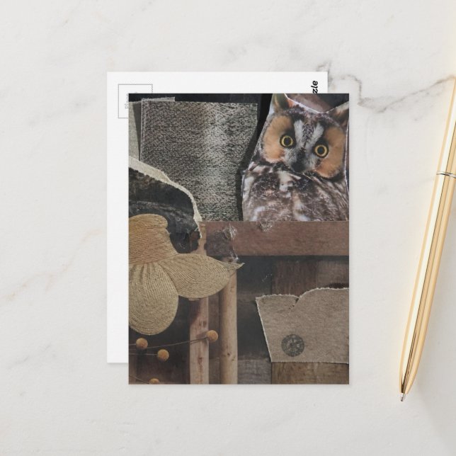 Eule im Zimmer Surrealer Collage Postkarte (Vorderseite/Rückseite Beispiel)