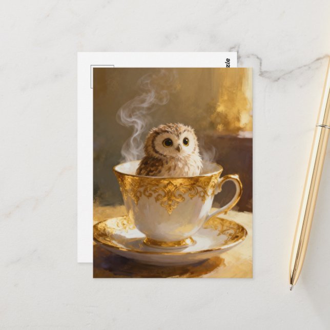 Eule in einer Teetasse Postkarte (Vorderseite/Rückseite Beispiel)