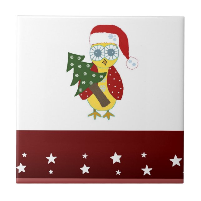 Eule in einer Weihnachtsmannmütze mit Weihnachtsba Fliese (Vorderseite)