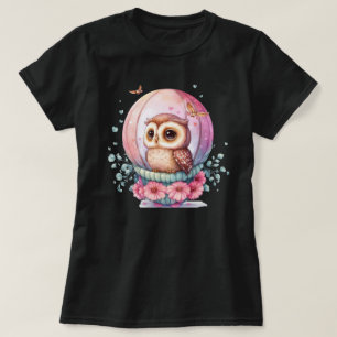 Eule in Glasskugel mit rosa Blumen und Herz T-Shirt