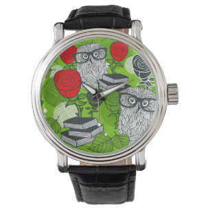Eule in rote Rosen Armbanduhr