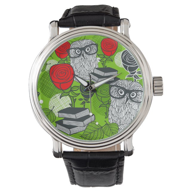 Eule in rote Rosen Armbanduhr (Vorderseite)