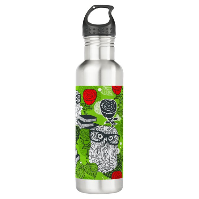 Eule in rote Rosen Edelstahlflasche (Vorderseite)
