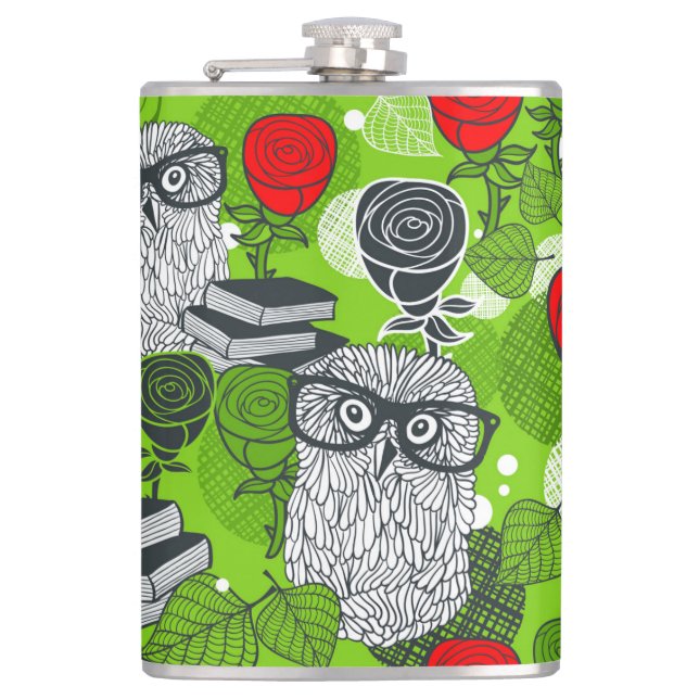 Eule in rote Rosen Flachmann (Vorderseite)