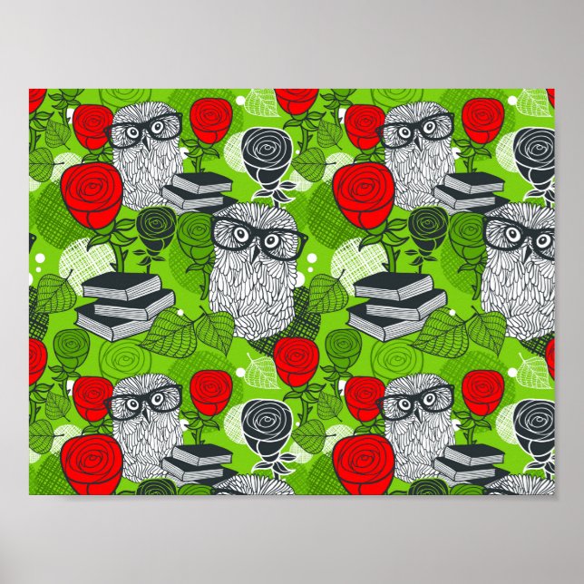 Eule in rote Rosen Poster (Vorne)