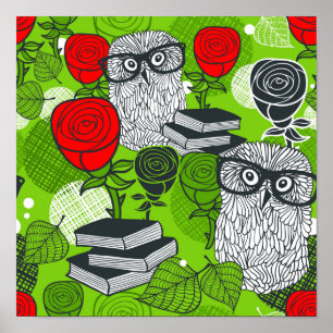 Eule in rote Rosen Poster