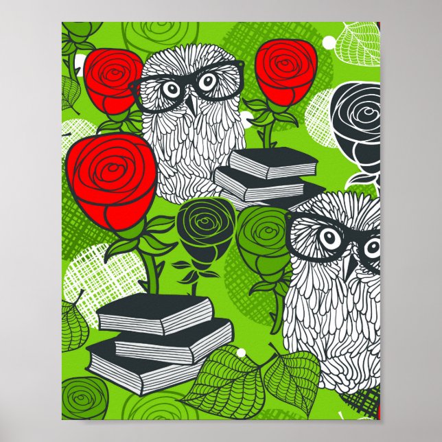 Eule in rote Rosen Poster (Vorne)