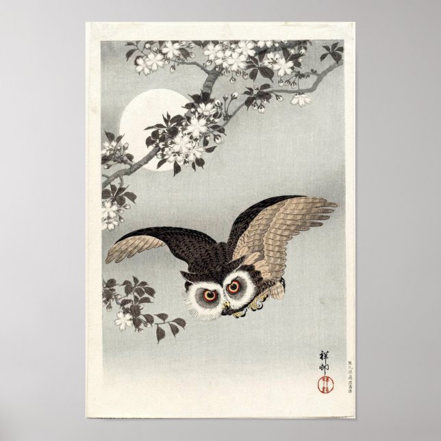 Eule, Kirschblüten und Mond von Ohara Koson Poster (Vorne)