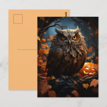 Eule, Kürbis und ein Vollmond-Halloween-Postkarte