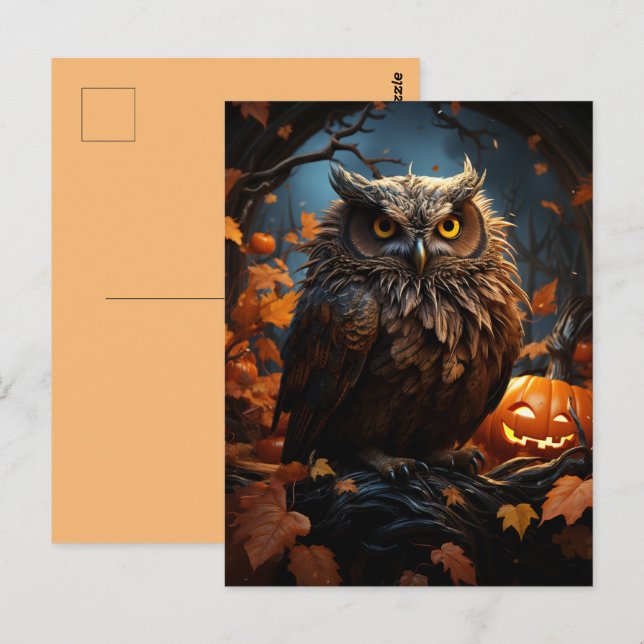 Eule, Kürbis und ein Vollmond-Halloween-Postkarte Postkarte (Vorne/Hinten)