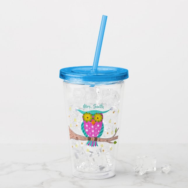 Eule mit blühenden Augen personalisierter Lehrer s Acryltrinkbecher (Rückseite Ice)