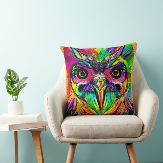 Eule mit farbenfrohen Federn Quirky KI Kunst Kissen (Stuhl )