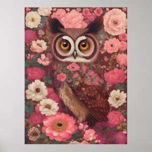 Eule mit großen Augen vor Blumen #3 Poster