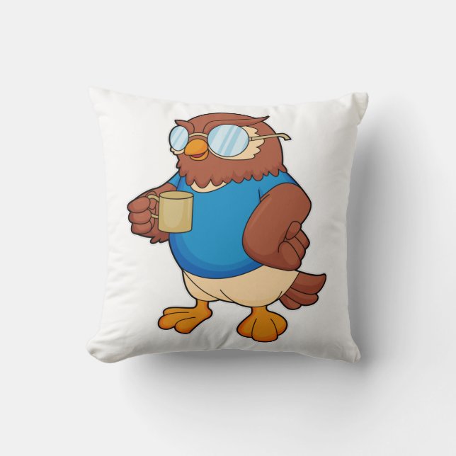 Eule mit Kaffee-Tasse Kissen (Vorderseite)