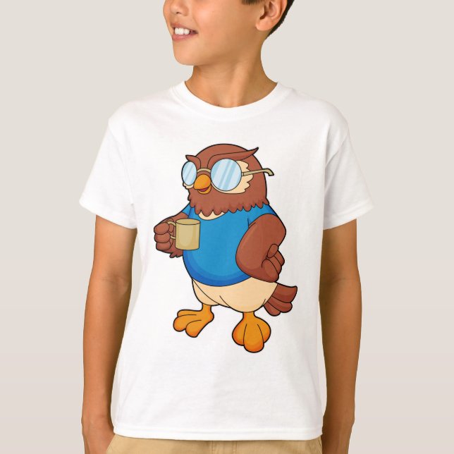 Eule mit Kaffee-Tasse T-Shirt (Vorderseite)