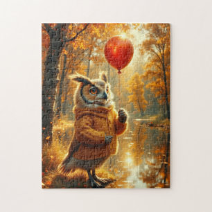 Eule mit rotem Ballon im Herbst