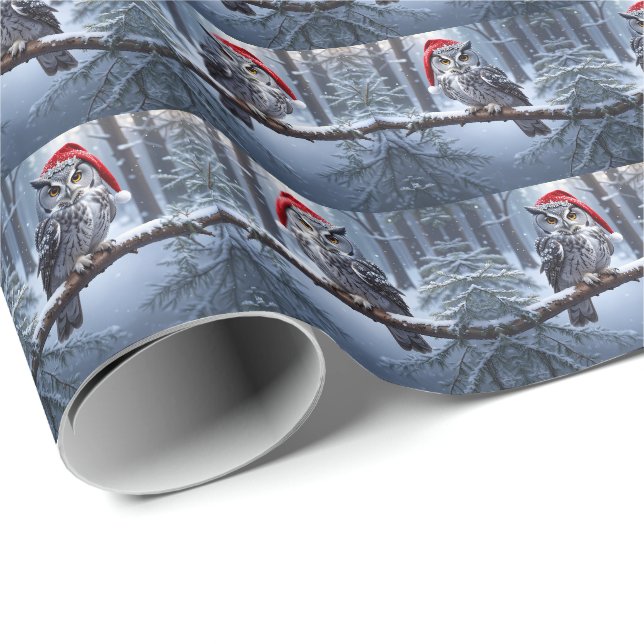 Eule mit Weihnachtsmannmütze Geschenkpapier (Rolleneckpunkt)