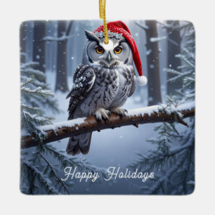 Eule mit Weihnachtsmannmütze Keramikornament