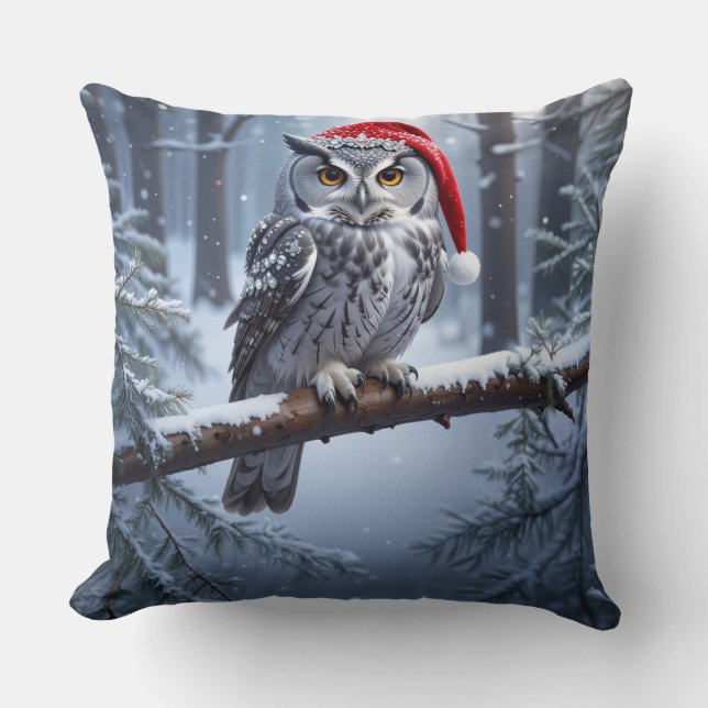 Eule mit Weihnachtsmannmütze Kissen (Vorderseite)