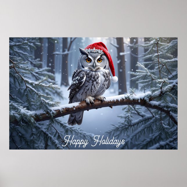 Eule mit Weihnachtsmannmütze Poster (Vorne)