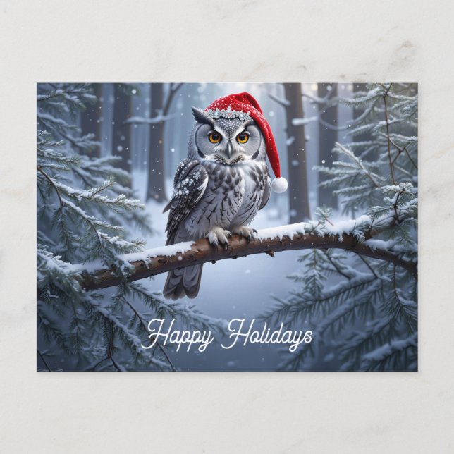 Eule mit Weihnachtsmannmütze Postkarte (Vorderseite)