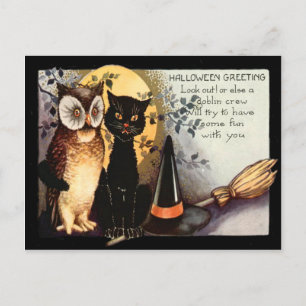 Eule schwarze Katze Vollmond Hexenhut Besen Postkarte