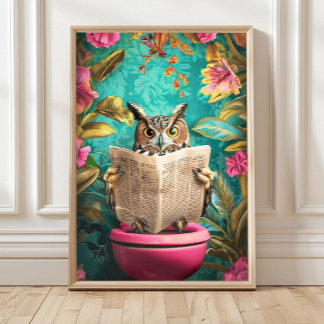 Eule sitzt auf Toilette und liest Zeitung Druck Poster