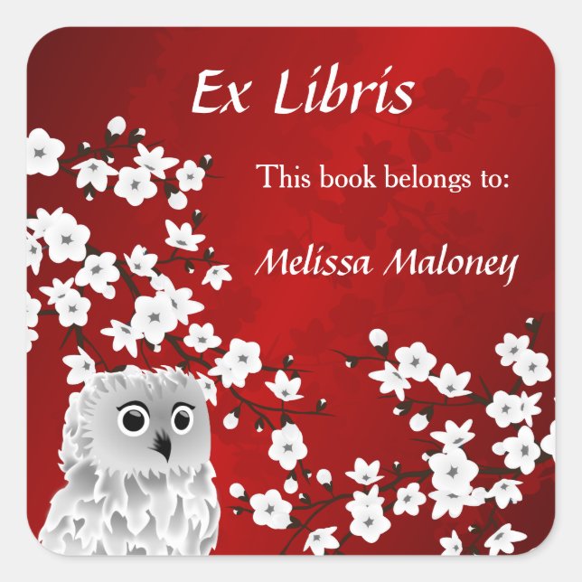 Eule und Rotkreuz-Blossom Ex Libris Name hinzufüge Quadratischer Aufkleber (Vorderseite)