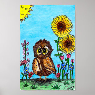 Eule und Sonnenblumen Poster