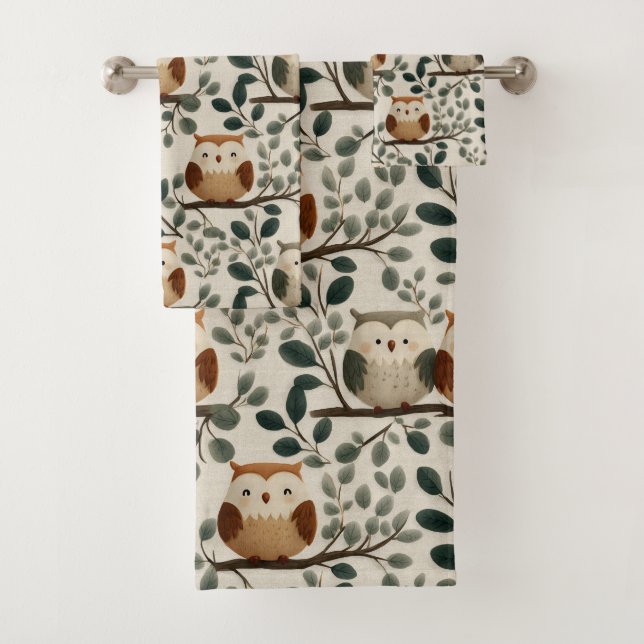 Eule und Waldblattmuster Badhandtuch Set (Insitu)