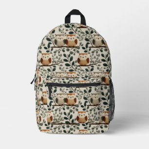 Eule und Waldblattmuster Bedruckter Rucksack