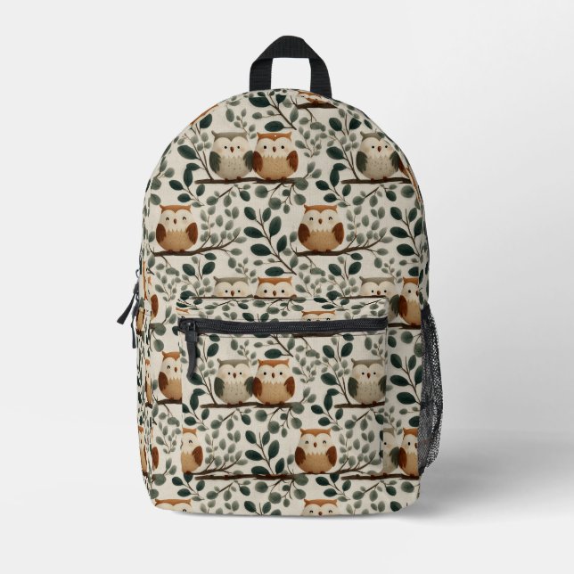 Eule und Waldblattmuster Bedruckter Rucksack (Vorderseite)