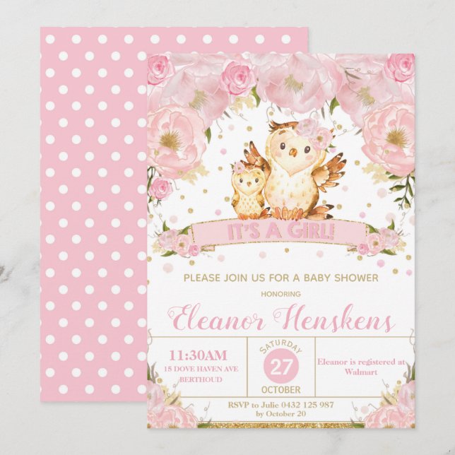 Eulen-BlumenBabyparty-Einladungs-Mädchen Einladung (Vorne/Hinten)