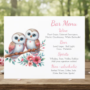 Eulen-Boho-Landhaus-Waldhochzeits-Bar-Speisekarte