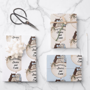 Eulen Hochzeitsglückwünsche Namen hinzufügen Süß 3 Geschenkpapier Set