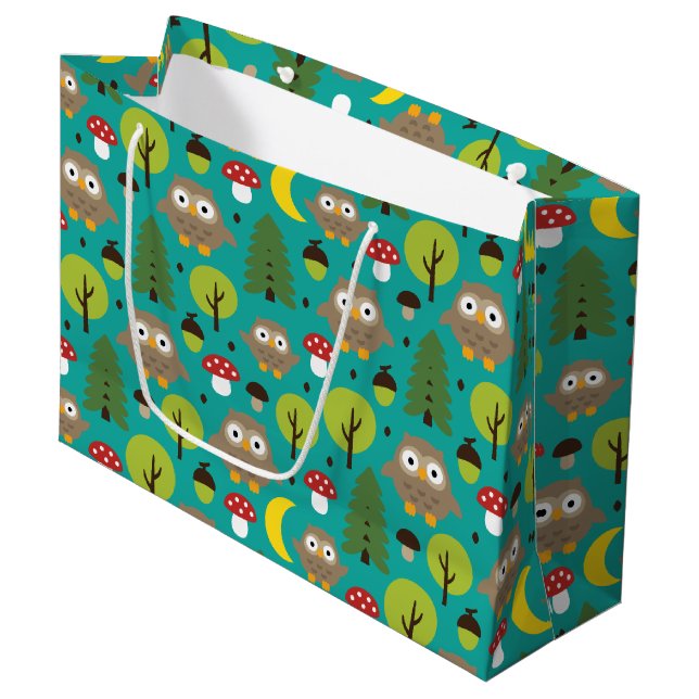 Eulen im Wald große Geschenktasche Geschenktüte (Vorderseite Schrägansicht)