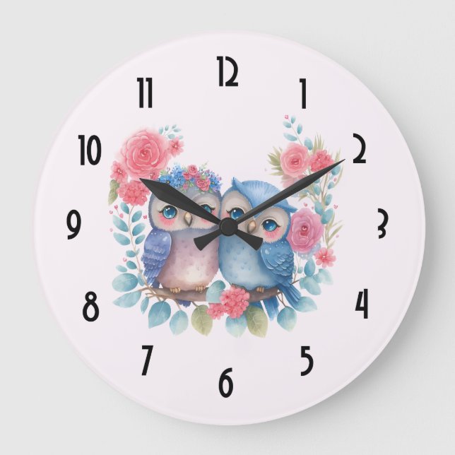 Eulen in der Liebe auf einer Baumzweigung Große Wanduhr (Vorderseite)