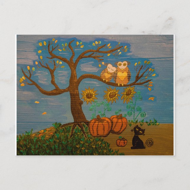 Eulen in einem Baum, Sonnenblumen, Kürbiskins und  Postkarte (Vorderseite)