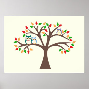 Eulen in einem ganzjährig geöffneten Baum Poster
