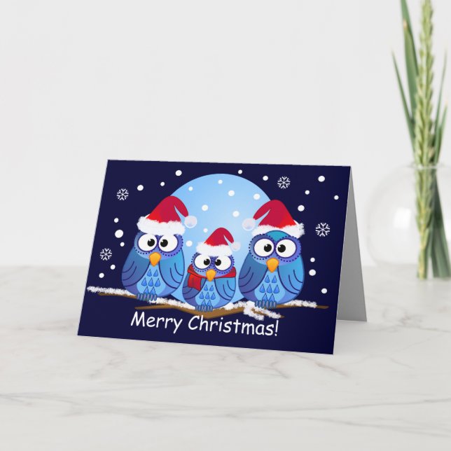 Eulen mit Weihnachtsmannmützen Feiertagskarte (Vorderseite)